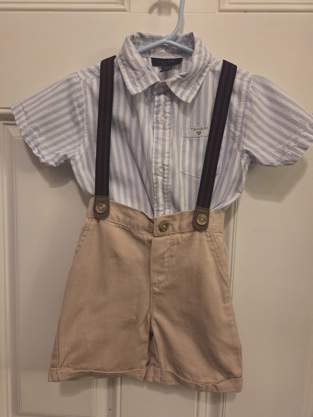 Tahari Blue & White Stripe Shirt with Tan Shorts and Navy Suspenders